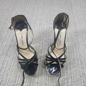 Jimmy Choo Sandals Womens Size 7.5 Black Patent Leather Strappy Cone Heel